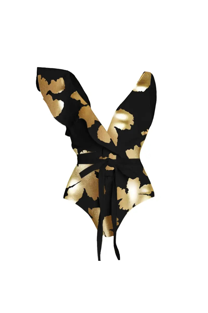 Foil Print Deep V Ruffle One Piece Swimsuit-ROVOLE