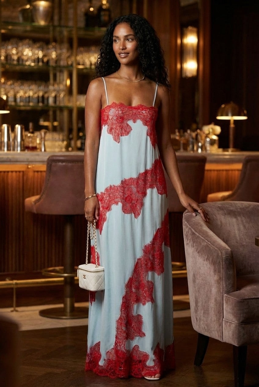  Floral Lace Trimmed Satin Slip Maxi Dress Light Blue