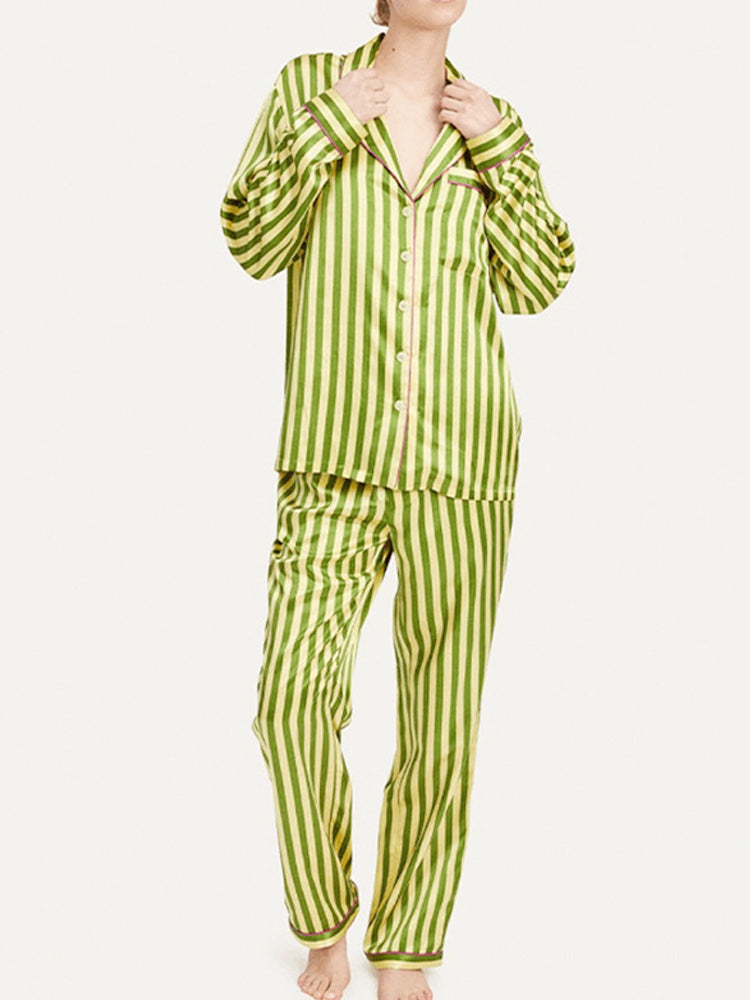 Vintage Green Striped Long Sleeve Pajama Set-Massicos