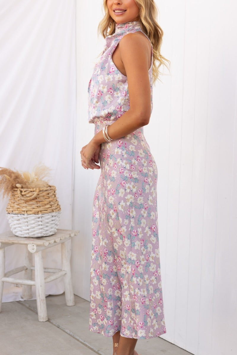 Wine Country Dates Floral Halter Neck Elastic Waist Maxi Dress-Massicos