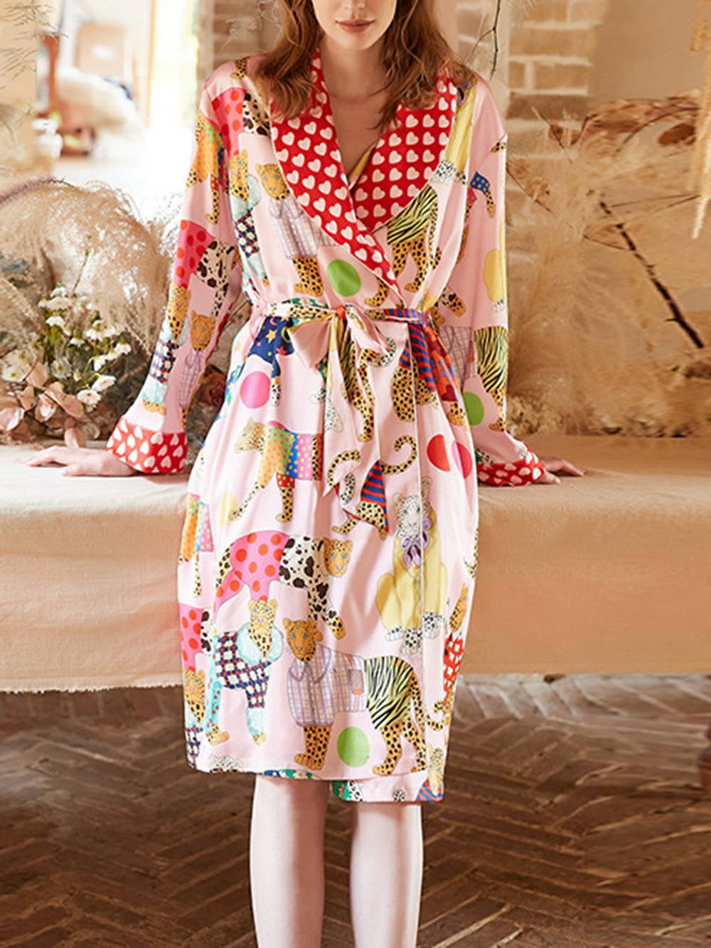 Dressing Leopard Print Silk Robe Set-Massicos