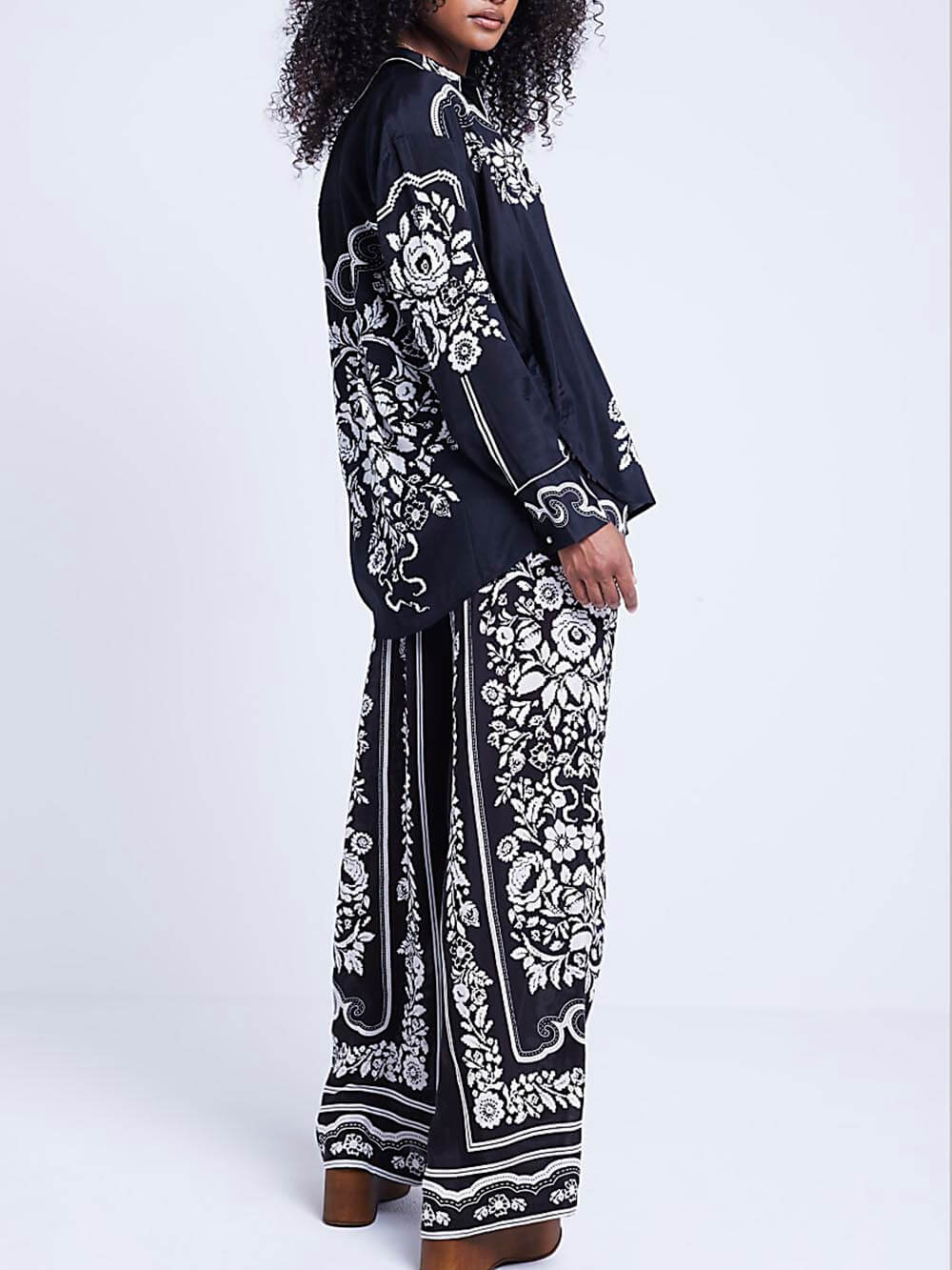 Unique Western Floral Print Elastic Pocket Wide Leg Pants-Massicos