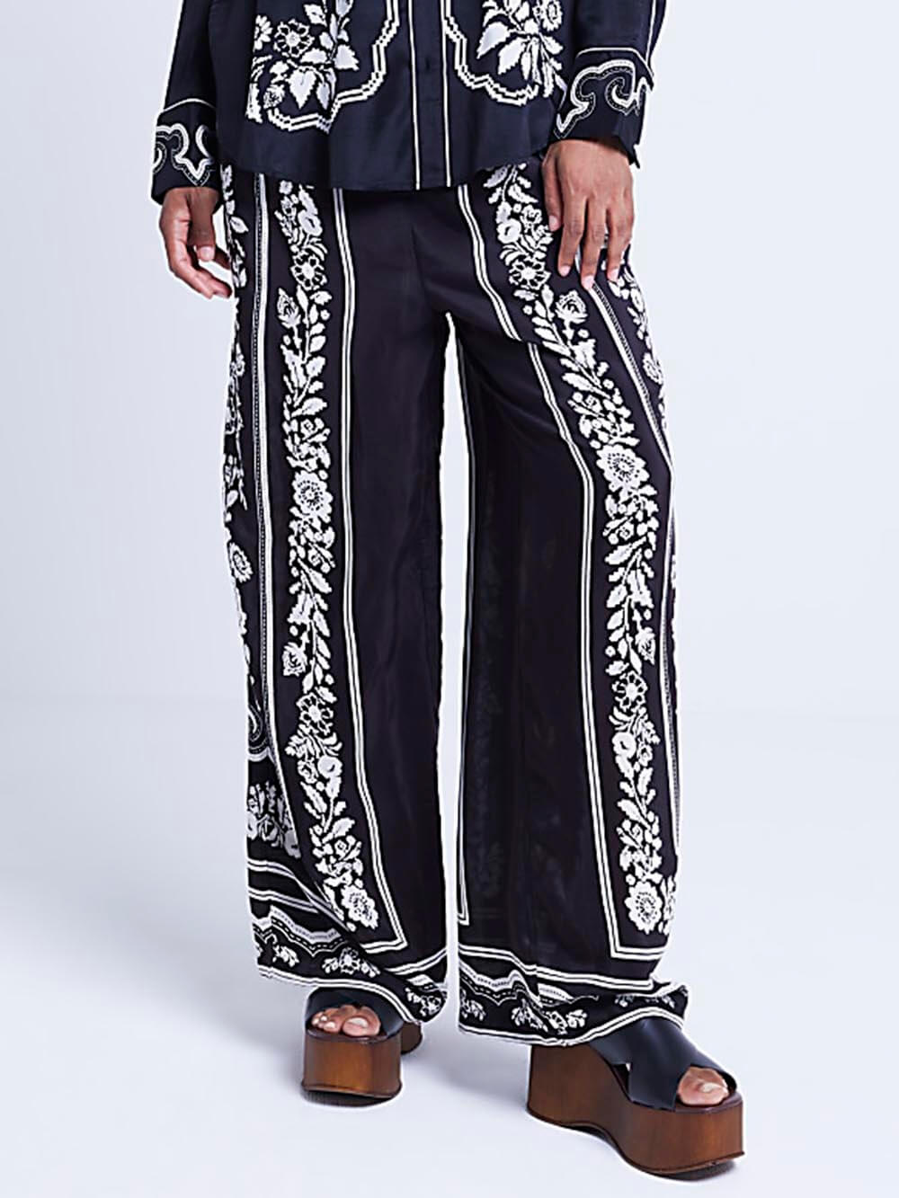 Unique Western Floral Print Elastic Pocket Wide Leg Pants-Massicos