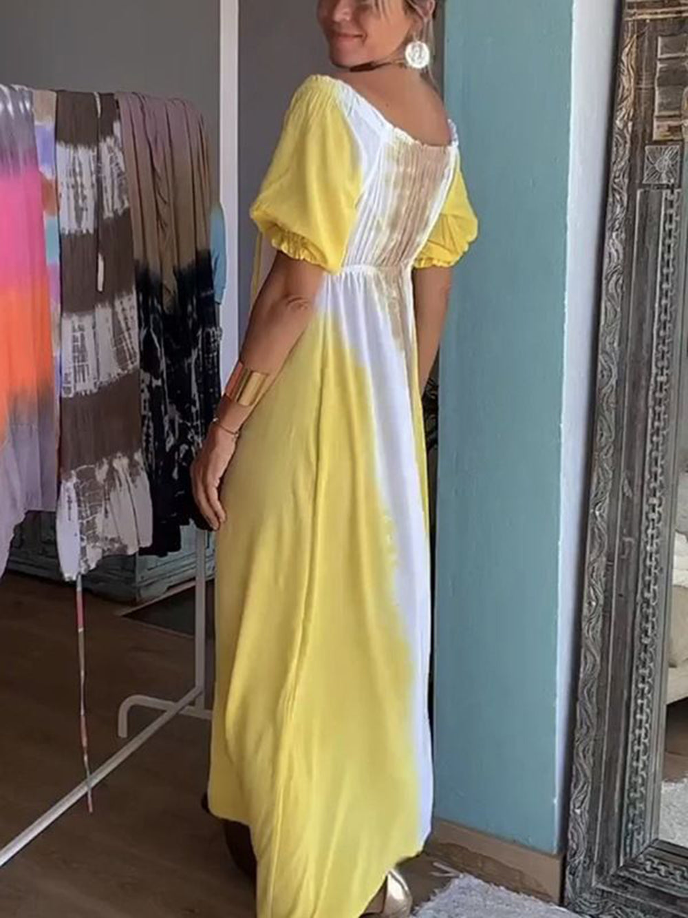 Yellow Tie Dye V-Neck Drawstring Maxi Dress-Massicos
