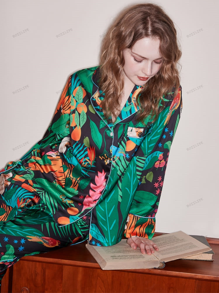 Tiger and Monkey Print Ice Silk Long-Sleeve Loungewear Set-Massicos