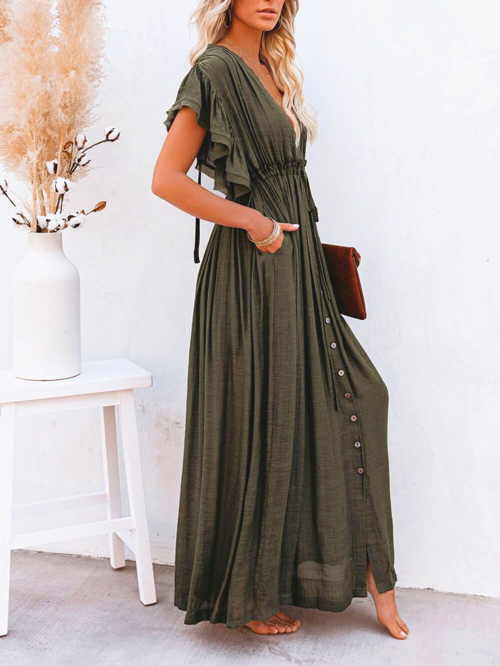 Button Cotton Linen Perfect Beach Boho Maxi Dress-Massicos