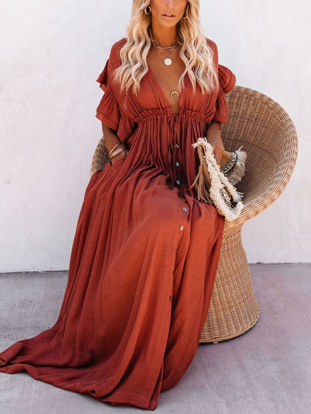 Button Cotton Linen Perfect Beach Boho Maxi Dress-Massicos