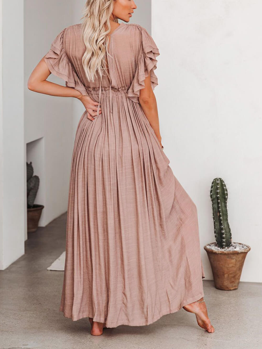Button Cotton Linen Perfect Beach Boho Maxi Dress-Massicos