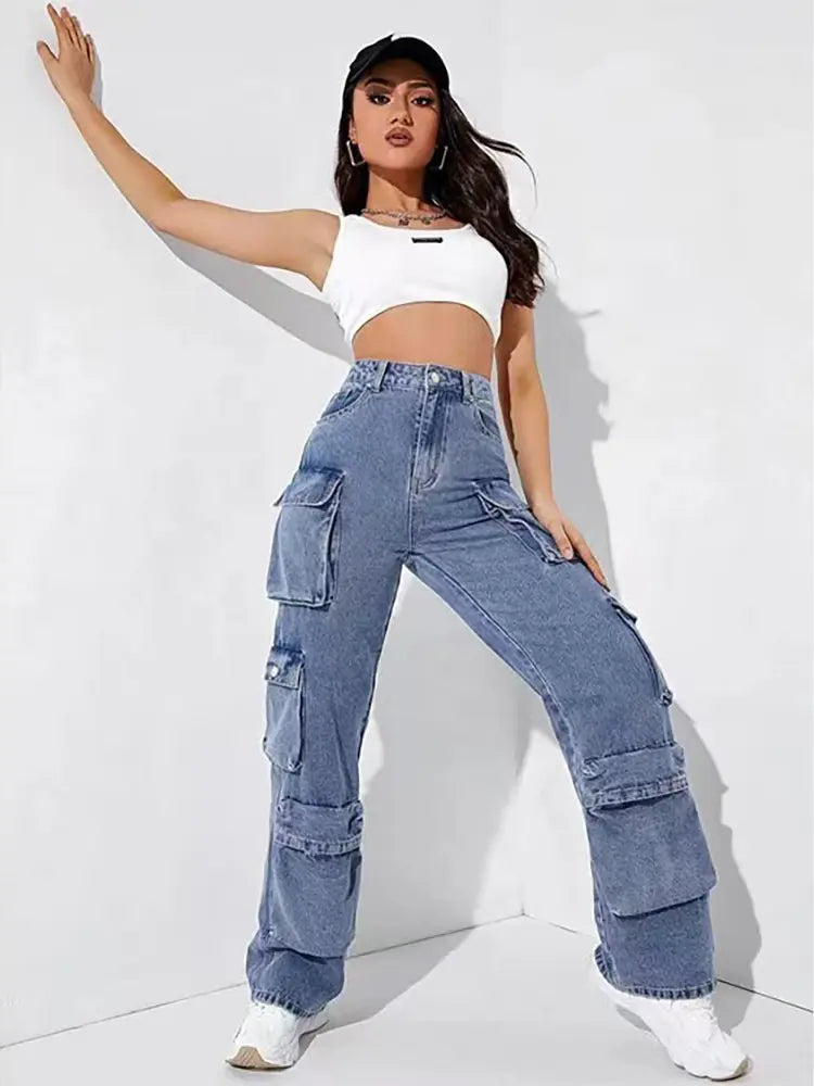 Multi-Pocket Denim Cargo Pants-Massicos