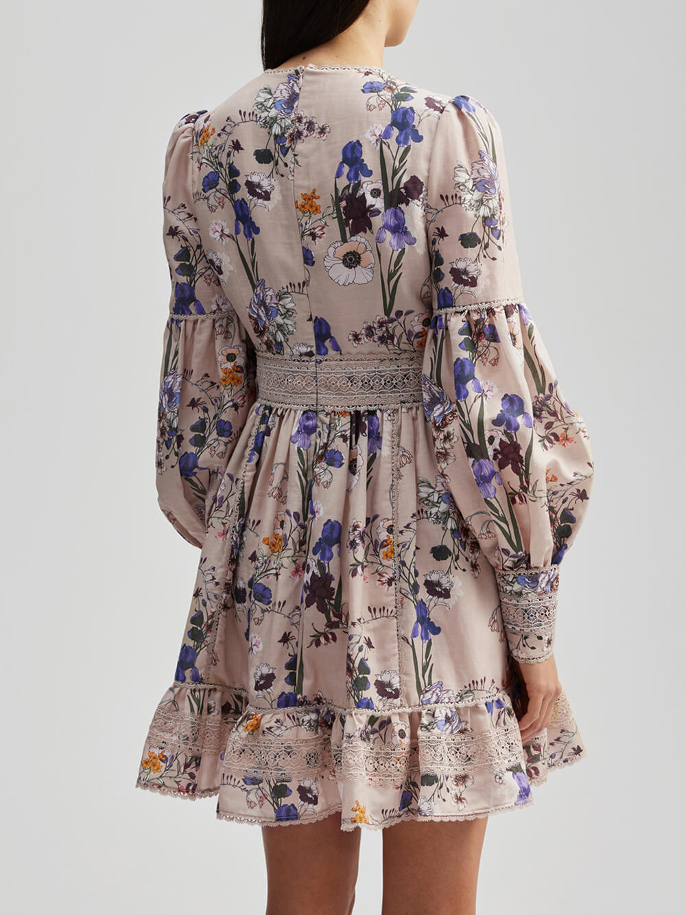 Flowers Plants Balloon Sleeves Mini Dress-Massicos