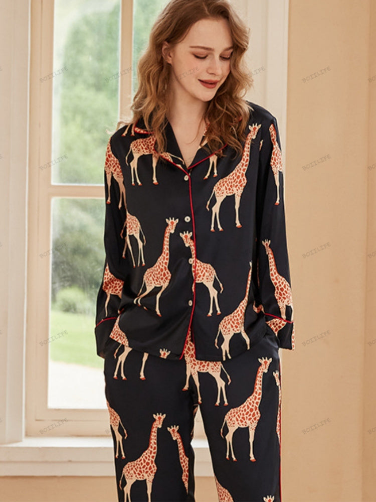 Giraffe Long-Sleeve Ice Silk Loungewear Set - Black-Massicos