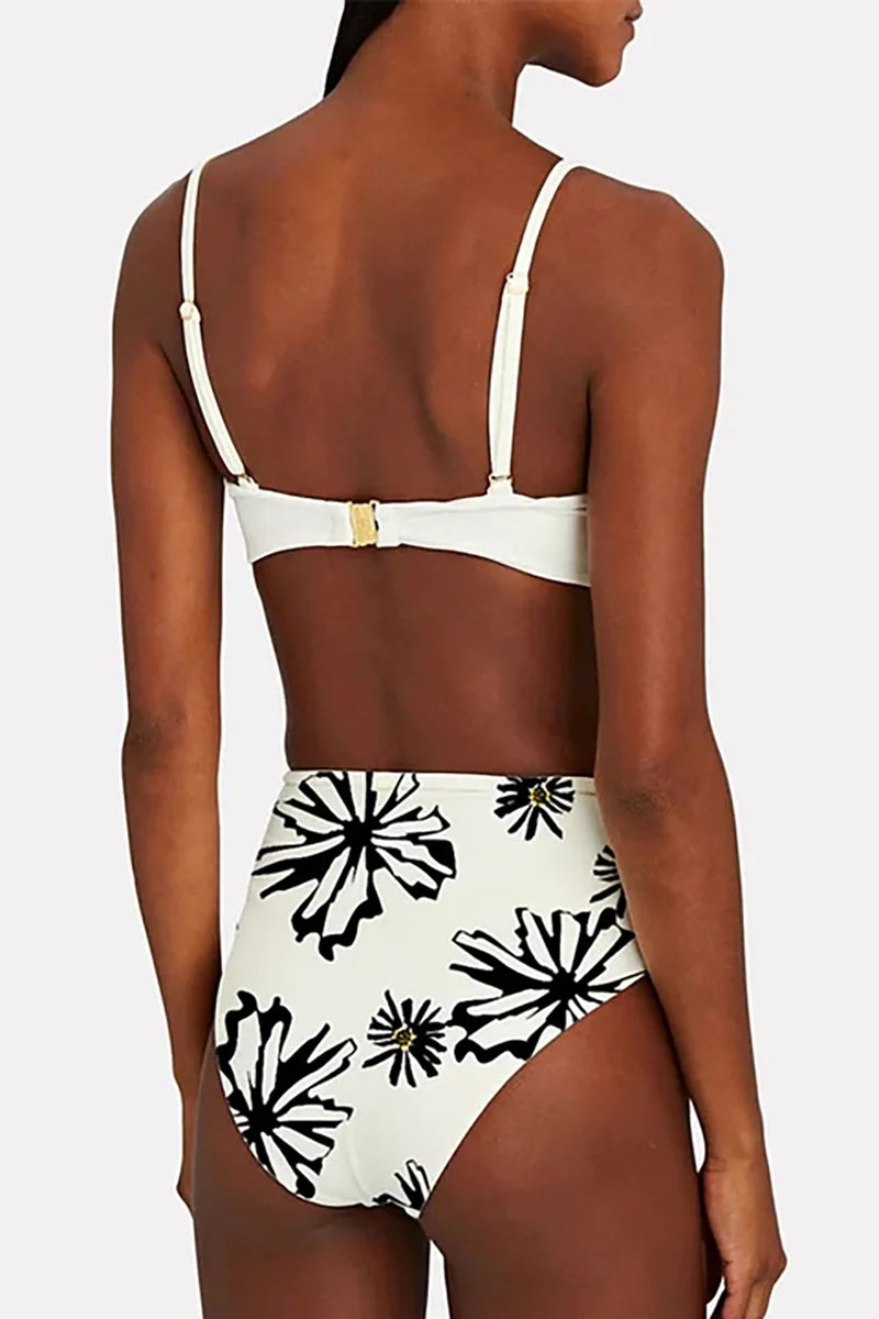 Floral Trim White Printed Bikini Set-ROVOLE