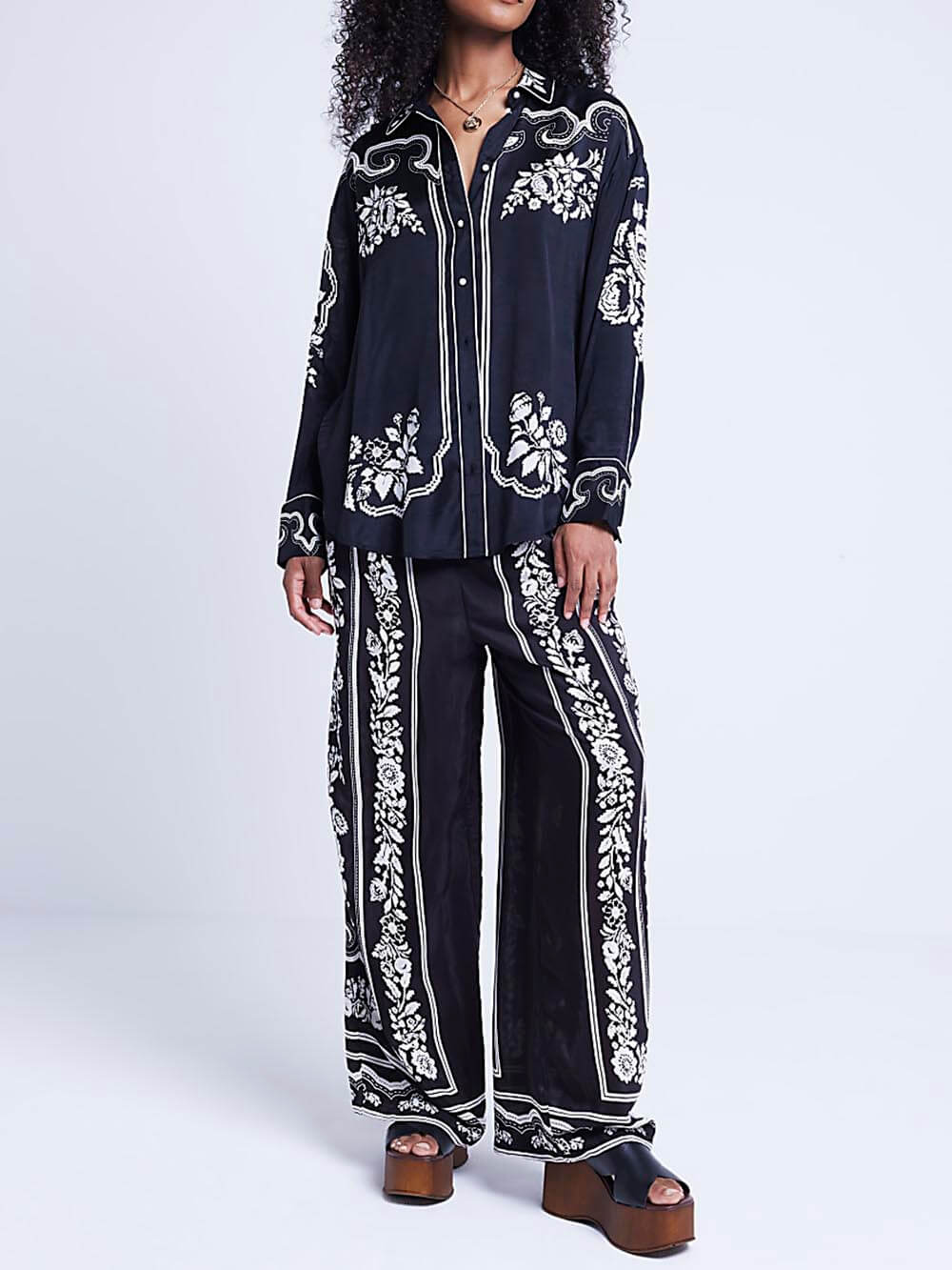 Unique Western Floral Print Elastic Pocket Wide Leg Pants-Massicos