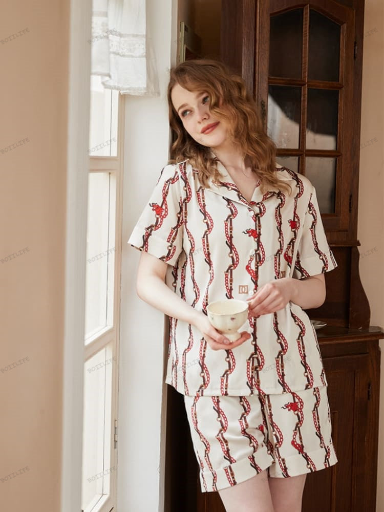 Dragon Head Chain Print Short-Sleeve Loungewear Set-Massicos