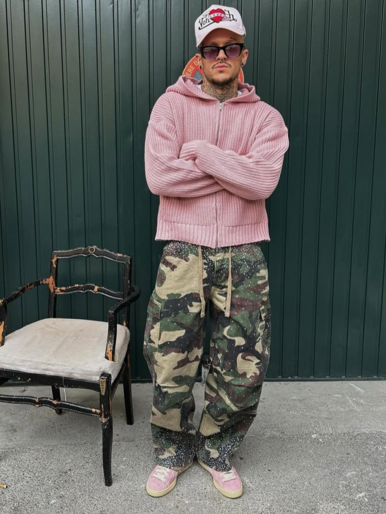 Camo Rhinestone Drawstring Cargo Pants-Massicos