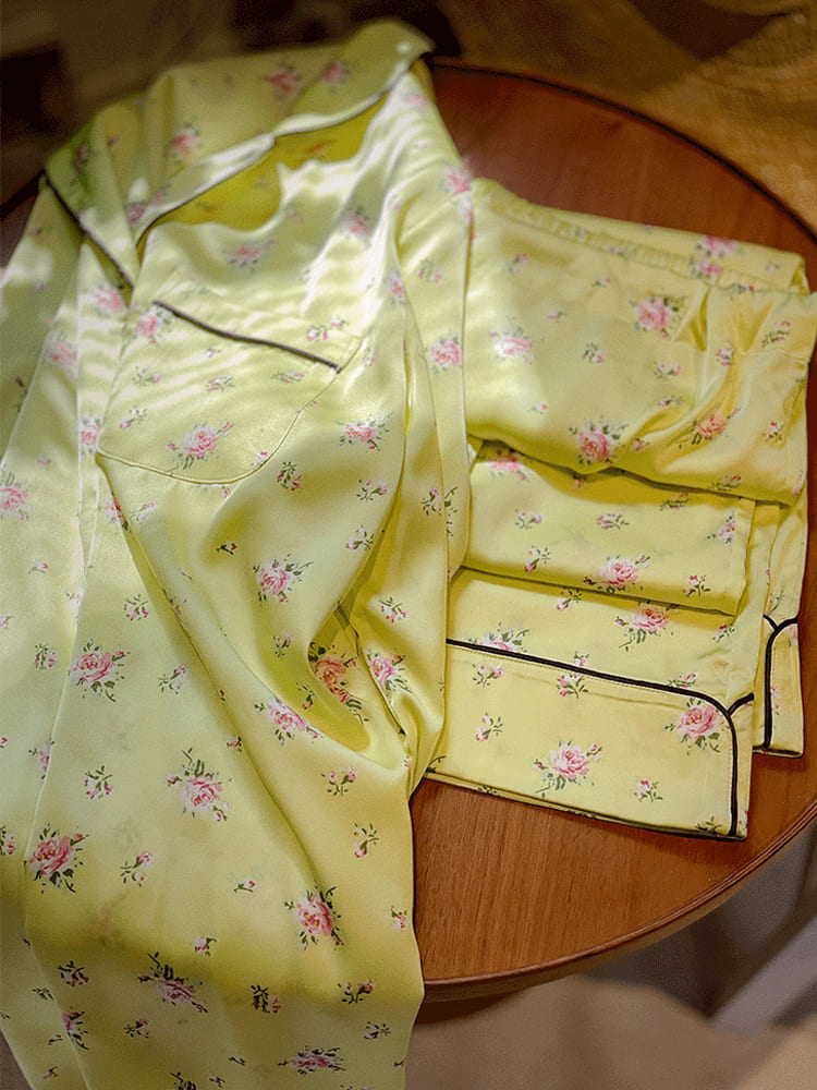 Fluorescent Green Floral Long Sleeve Pajama Set-Massicos