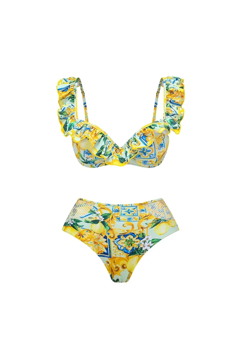 Lemon Print Ruffle Bikini Set-ROVOLE