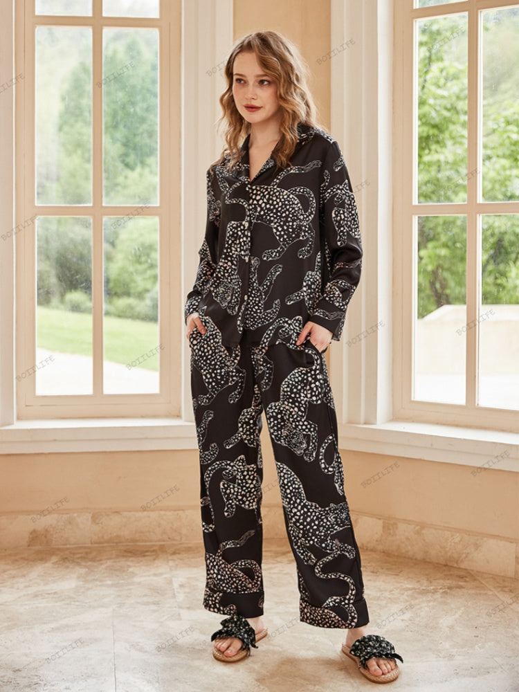 Black Jaguar Print Silk Ice Long-Sleeve Pajama Set-Massicos