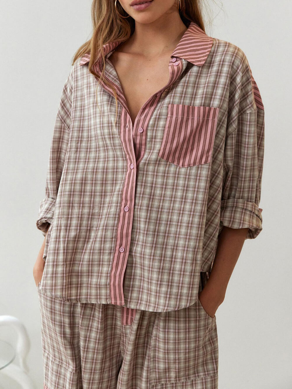 Pink Loose Splice Pajama Set-Massicos