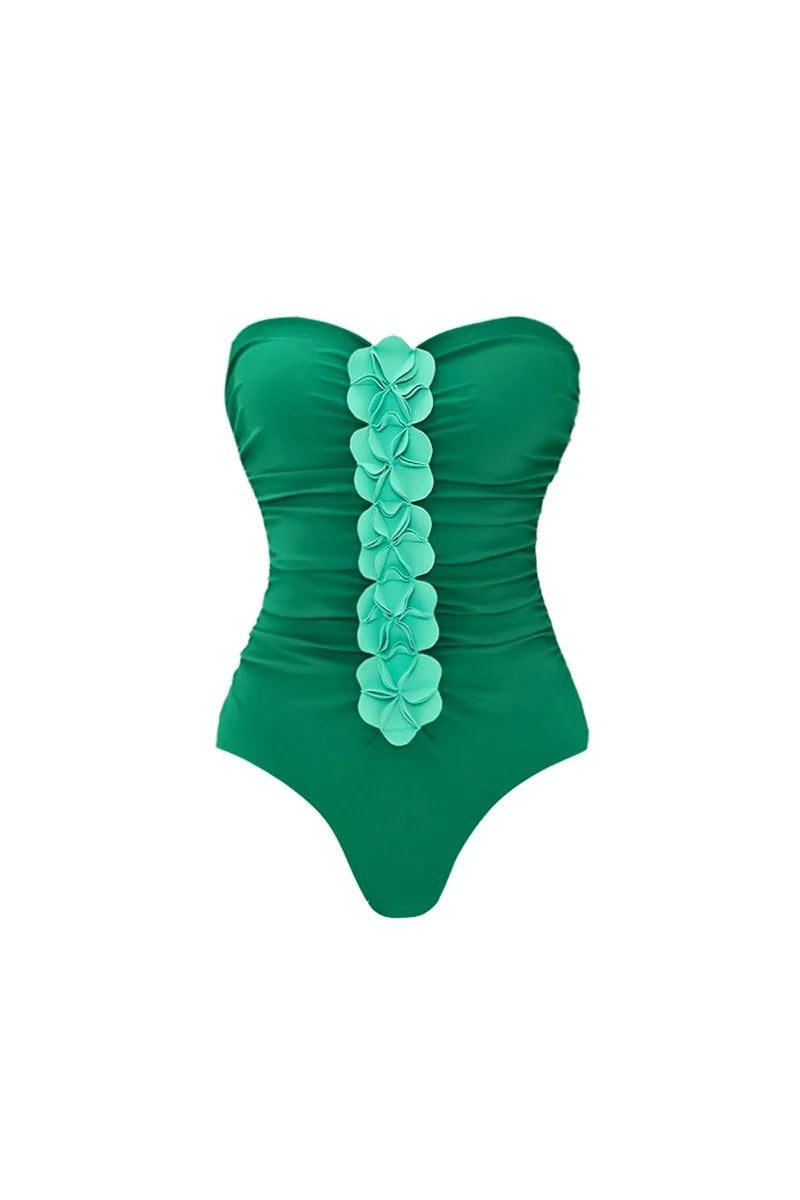 Green 3D Floral Strapless Swimsuit-ROVOLE