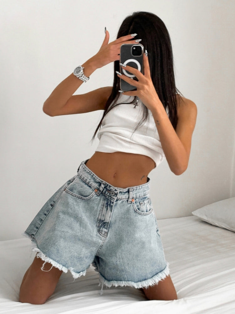 High-Waisted Straight-Leg Denim Shorts-Massicos