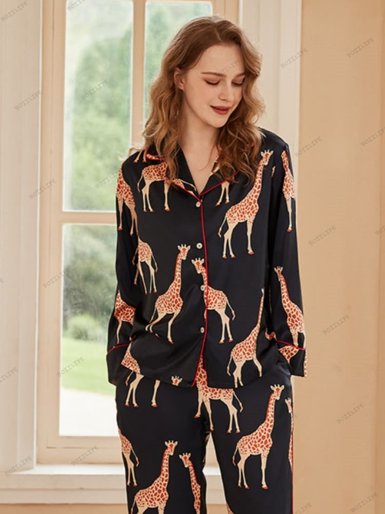 Black Giraffe Print Ice Silk Long-Sleeve Pajama Set-Massicos
