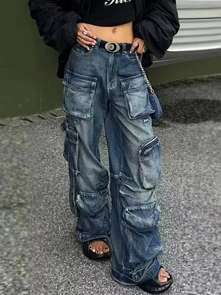 Vintage Multi-Pocket Denim Work Pants-Massicos