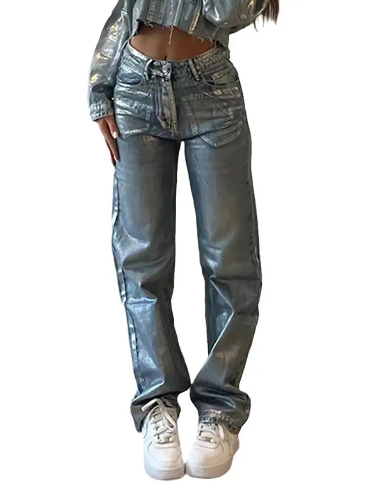 Metallic Accent High-Waist Jeans-Massicos