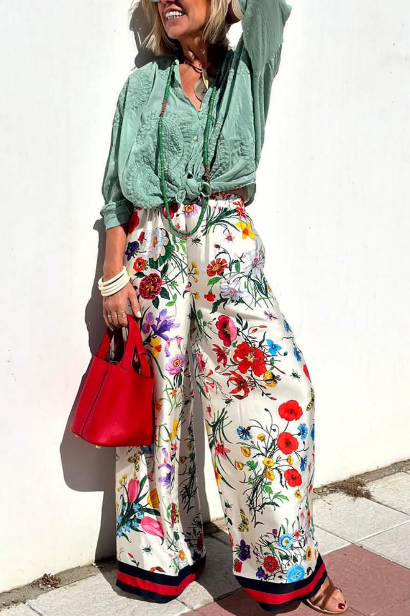 Floral Unique Print Elastic Waist Pocketed Wide Leg Pants-Set-ROVOLE