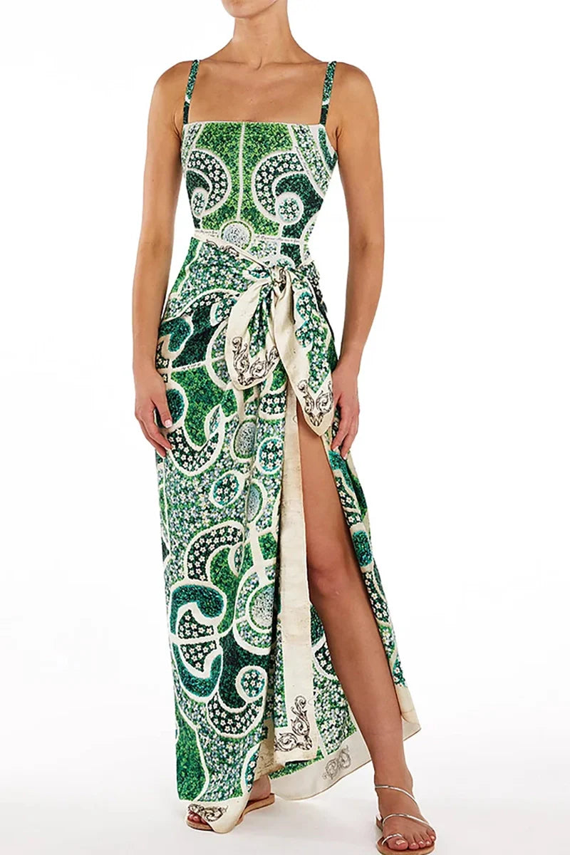 Green Ethnic Print One Piece Swimsuit Set-ROVOLE