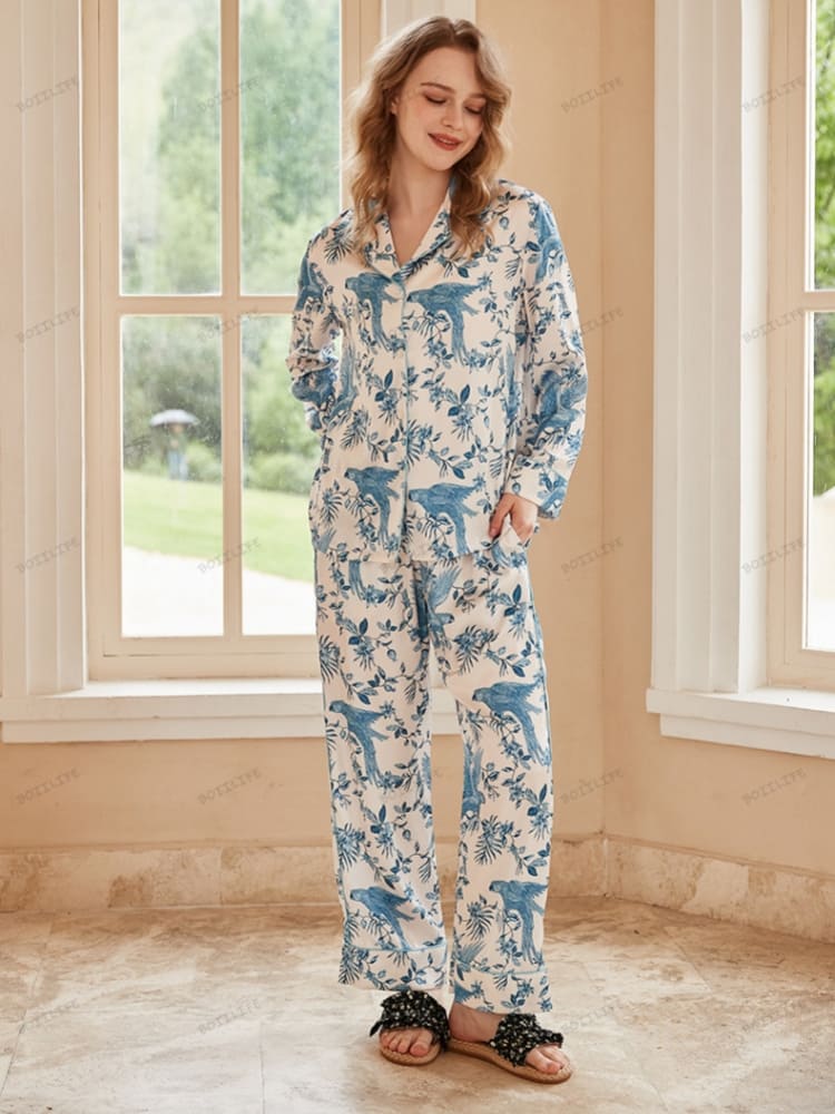 Parrot Print Ice Silk Long-Sleeve Pajama Loungewear Set-Massicos