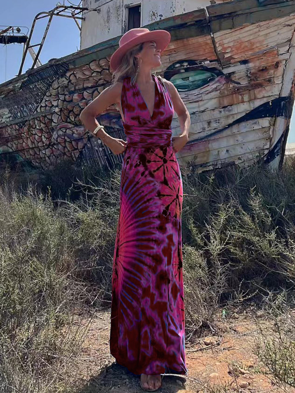 Tie-dye Print V-neck Cross Back Straps Stretch Maxi Dress-Massicos