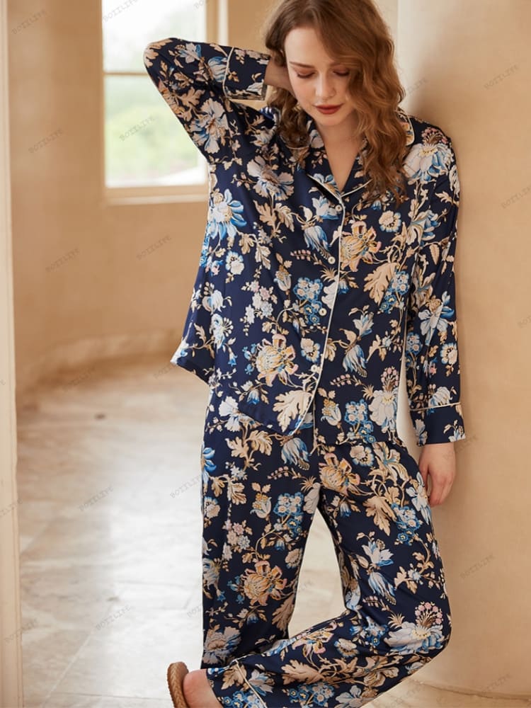 Begonia Flower Print Long-Sleeve Pajama Loungewear Set-Massicos