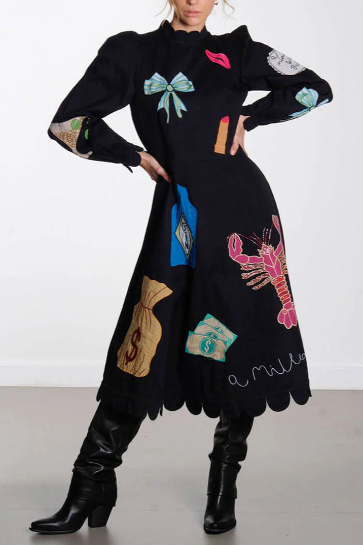 Lobster Graffiti Scallop Trim Midi Dress-ROVOLE