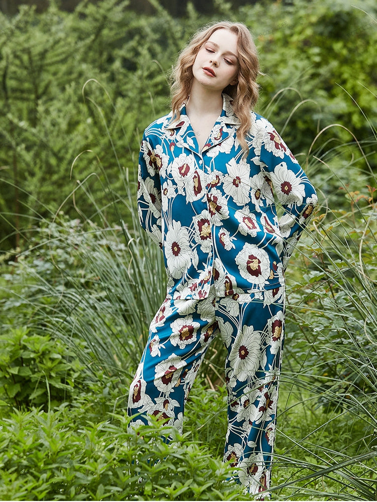Blue Floral Pattern Ice Silk Long Sleeve Loungewear Set-Massicos
