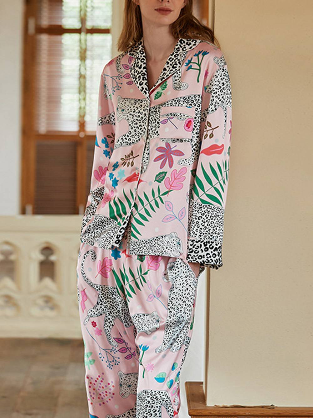 Dressing Pink Snow Leopard Silk Pajama Set-Massicos