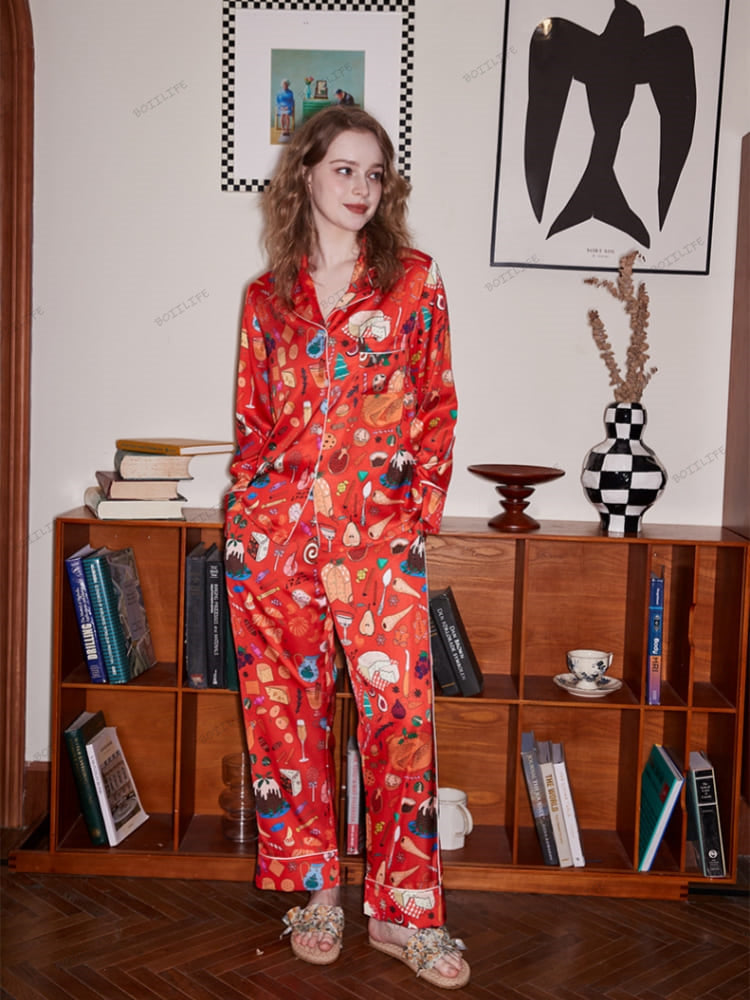 Dessert Print Long Sleeve Ice Silk Loungewear Set-Massicos