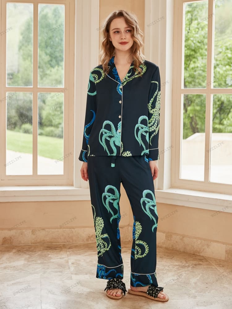 Octopus Print Ice Silk Long-Sleeve Pajama Loungewear Set-Massicos