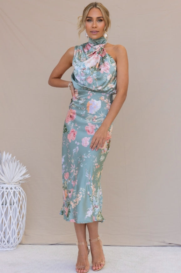 Wine Country Dates Floral Halter Neck Elastic Waist Maxi Dress-Massicos