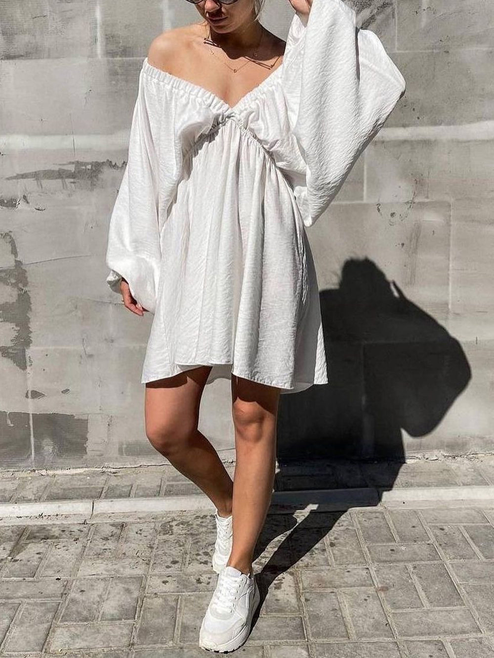Woven Plunge Skater Mini Dress-Massicos