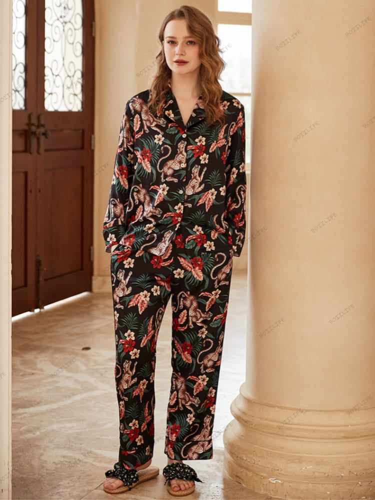 Jaguar and Floral Print Ice Silk Long-Sleeve Loungewear Set-Massicos