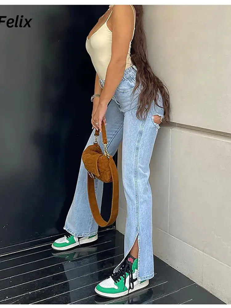 High-Waist Split Denim-Massicos