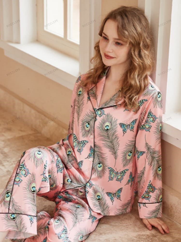 Phoenix Feather and Butterfly Print Long-Sleeve Pajama Set-Massicos