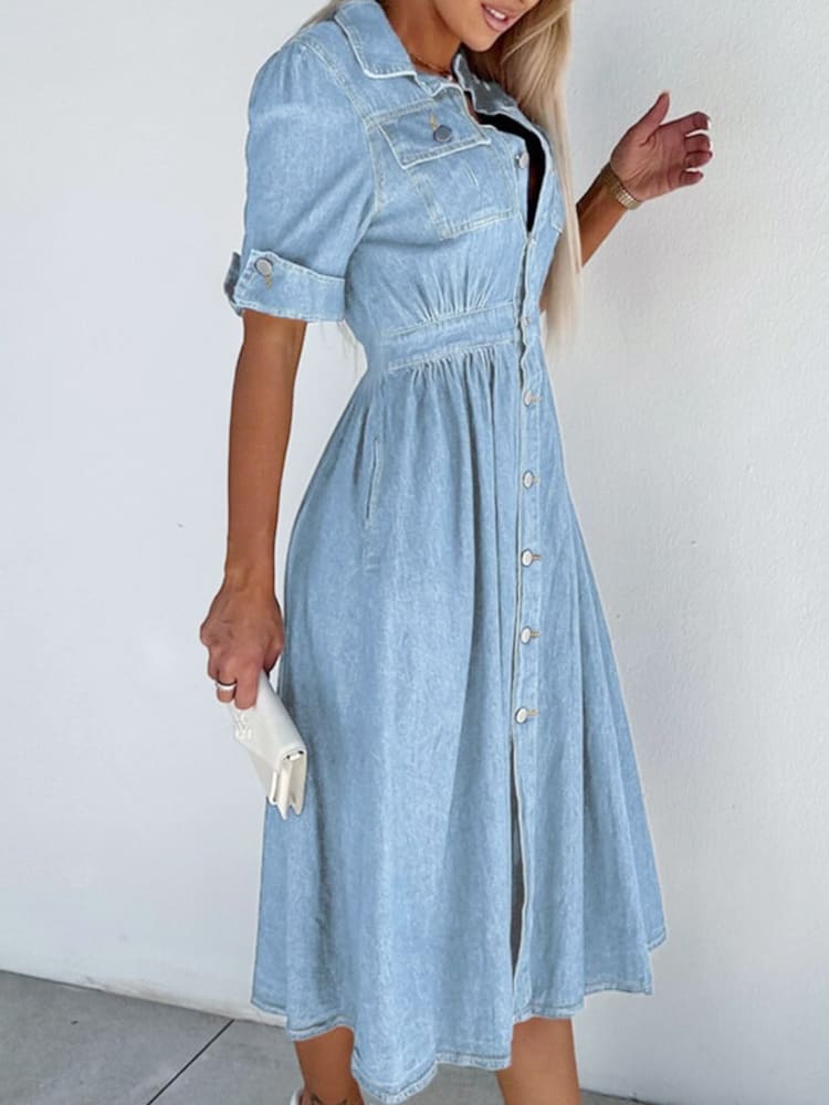 Collar Buttoned Slim Fit Denim Dress-Massicos