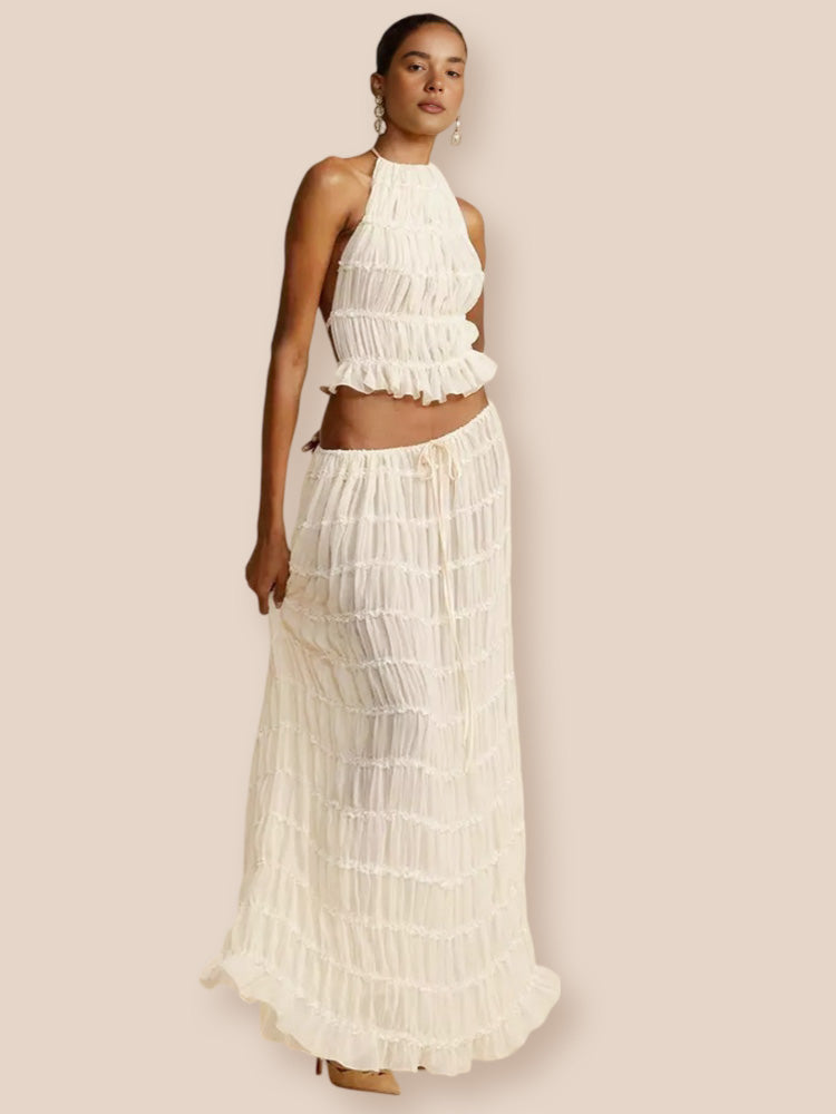 Charm Pleated Drawstring Waist Tiered Maxi Skirt-ROVOLE