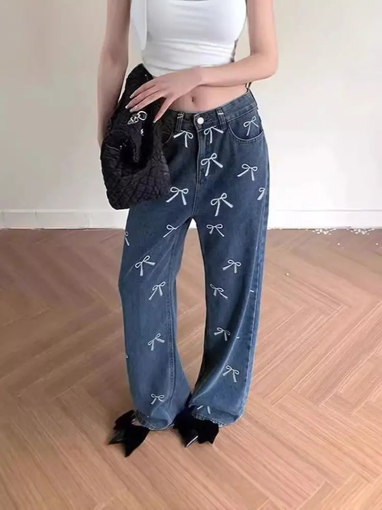 Bow Print Denim Pants-Massicos