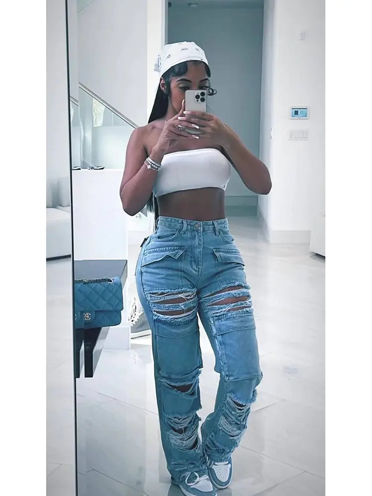 Ripped Casual Denim Pants-Massicos
