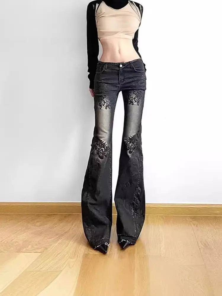 Vintage Floral Low-Rise Jeans-Massicos