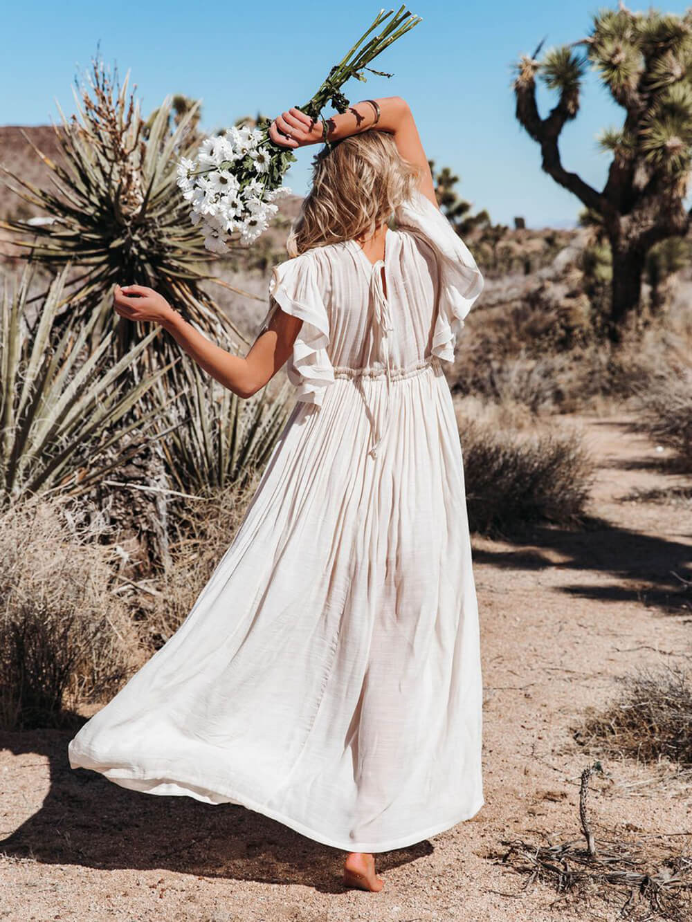 Button Cotton Linen Perfect Beach Boho Maxi Dress-Massicos