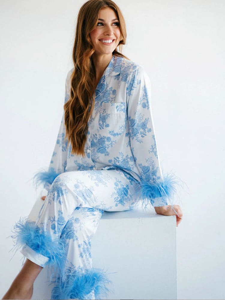Blue Floral Print Satin Pajama Set-Massicos